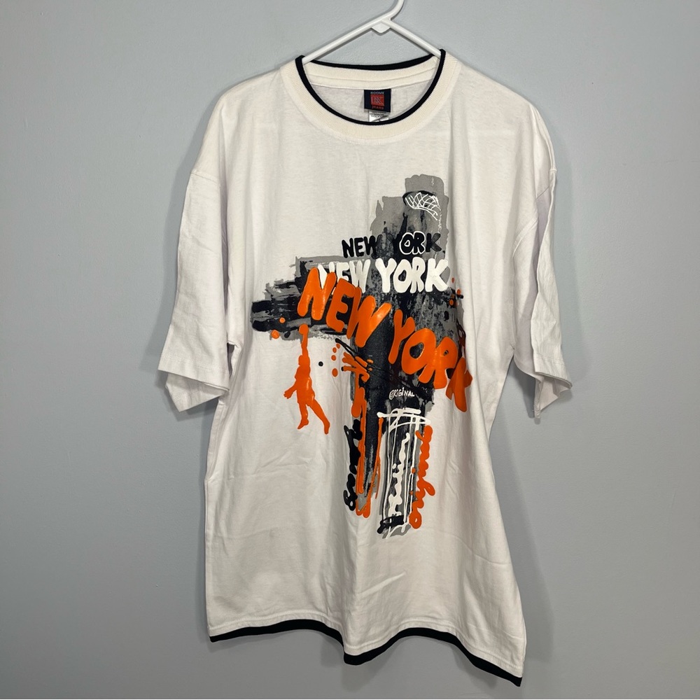 VINTAGE Boomx Shirt Mens Large White Orange Basketball Graphic New York Casual